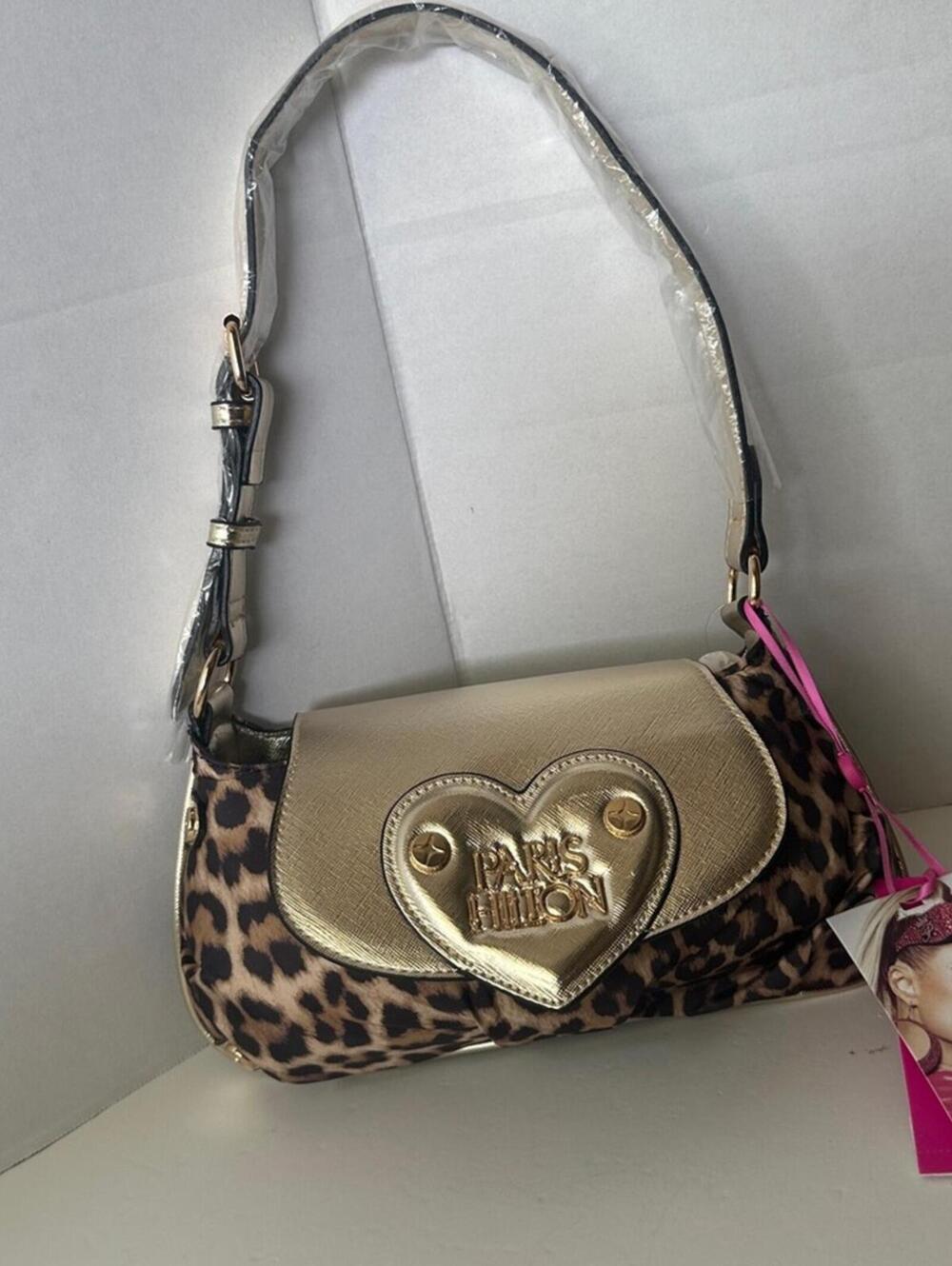 Paris Hilton New With Tags Leopard Print Gold Heart Baguette Shoulder Bag - Picture 9 of 15